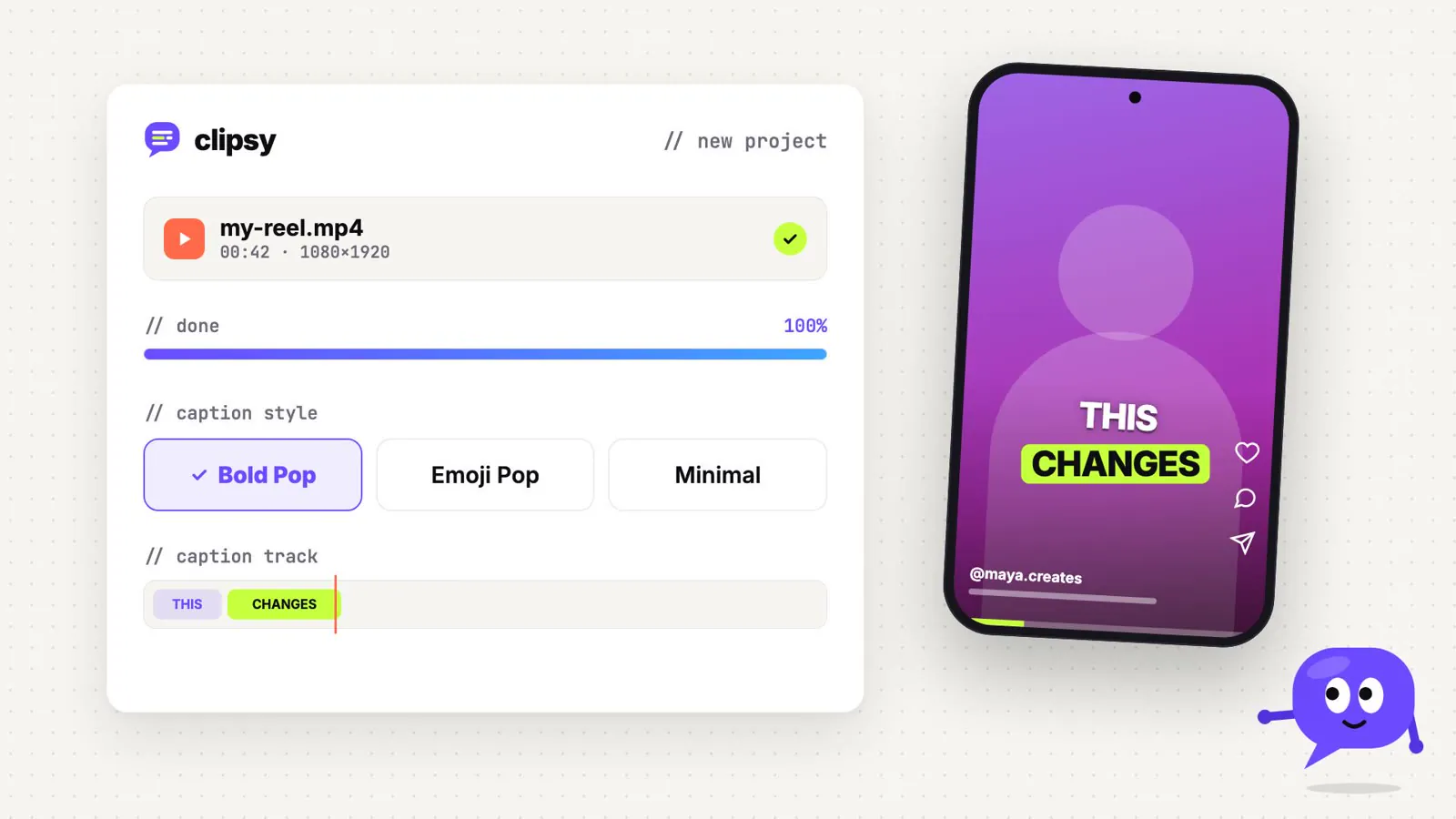 Clipsy AI captions app product video: animated app interface turning a reel into auto-synced captions, with the purple Clipsy mascot