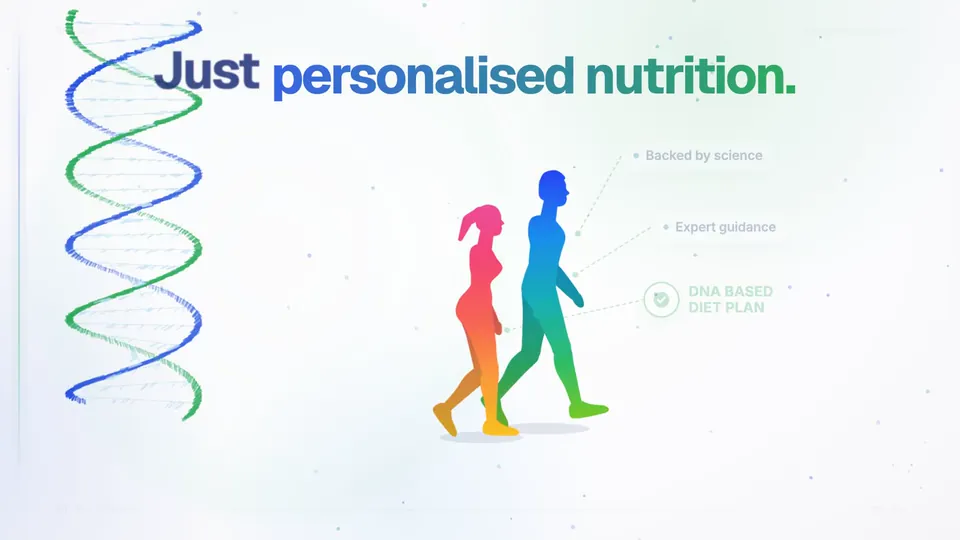 DNA Diet brand launch video: animated DNA helix and figures with the line Just personalised nutrition