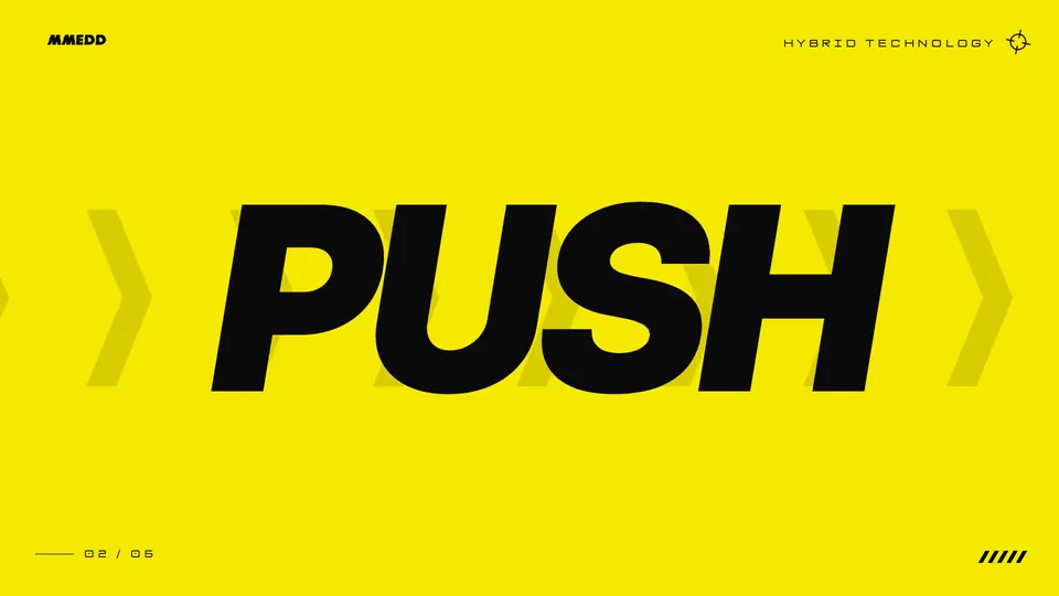 MMEDD Elite Gear brand promo: bold yellow PUSH kinetic typography for the Hybrid Technology training line
